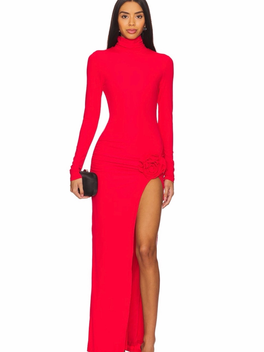 More To Come Chara Maxi Dress Elegant Red High-Slit Turtleneck Rose Detail